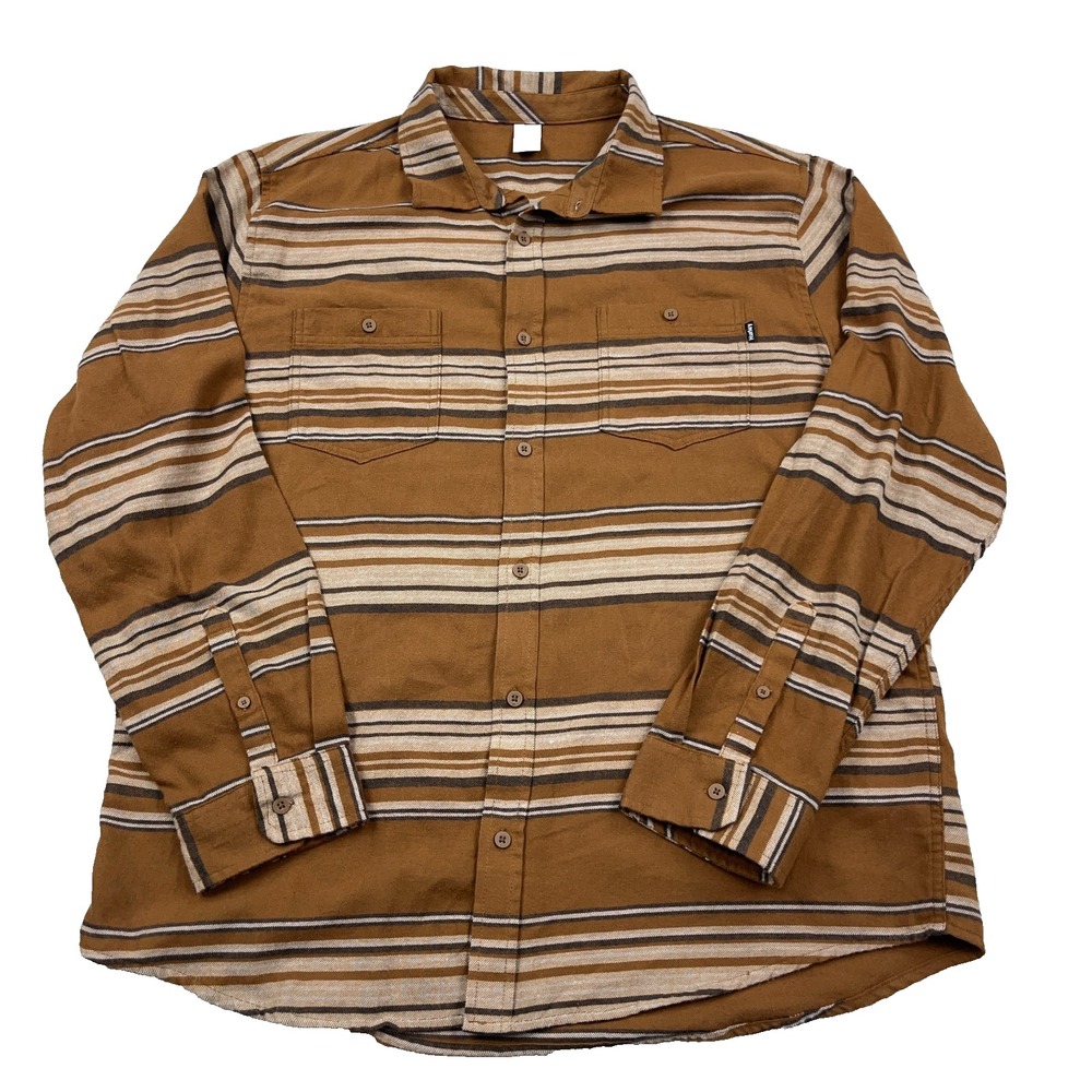 Hurley Flannel Shirt Men XL Brown Striped Button Up Skate Pockets Camp Surf